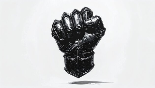 Detailed, grayscale rendering of an armored gauntlet fist on white background
