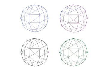 Four geometric globes with glowing colored halos