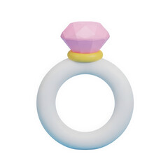 Stylized 3D Diamond Ring Illustration, Pink Gemstone Jewelry Icon for Marriage Proposal or Engagement Concept