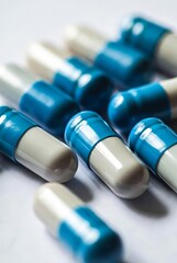 A pile of blue and white medical capsules, concept of pharmaceuticals, healthcare, disease treatment and production of antibiotics or vitamins.