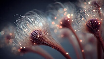 Enchanting abstract macro of glowing organic fibers with delicate light particles, evoking wonder and scientific discovery