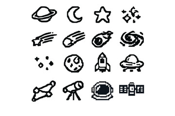 Pixelated Space Icons on Dark Background