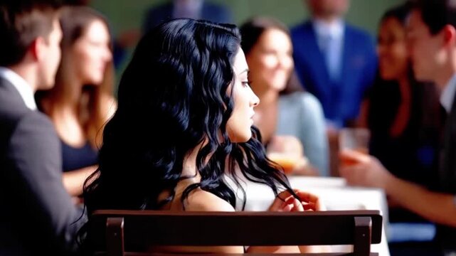 Introverted woman sitting alone while others socialize happily. AI