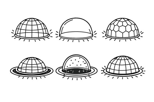 Six different geodesic domes and domed structures in a graphic style