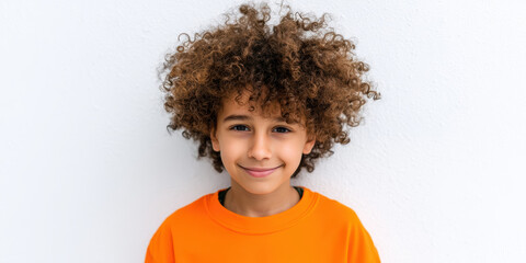 Young orange son boy children family smiling happy diversity multicultural people portrait lifestyle standing casual attire background copy space empathy awareness childhood mixed blue white black