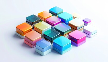 Geometric, layered blocks in diverse colors, stacked on a white backdrop