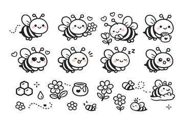 Fototapeta premium Cute Kawaii Bees and Honeycomb Elements