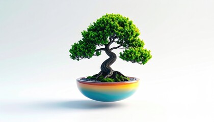 Miniature, vibrant green bonsai tree in a colorful, reflective pot