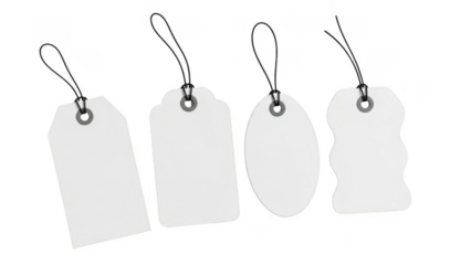 Four Blank White Tags of Different Shapes isolated on transparent background price tag