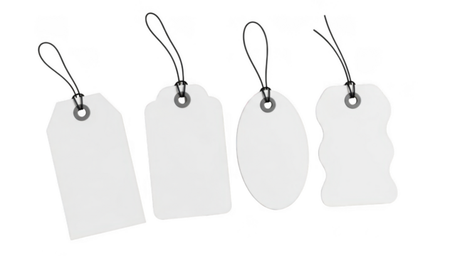 Four Blank White Tags of Different Shapes isolated on transparent background price tag - Powered by Adobe
