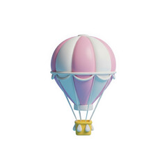 Whimsical 3D render of a pink and white striped hot air balloon with a small yellow basket, fantasy travel and adventure concept on white background