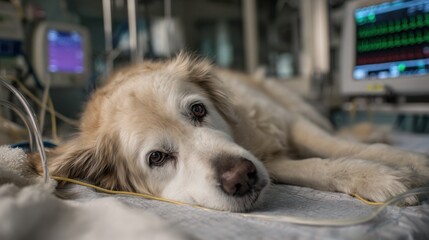 Medium shot of a calm dog resting in a clean softly lit animal recovery ward with medical monitors tracking its vital signs postsurgery.