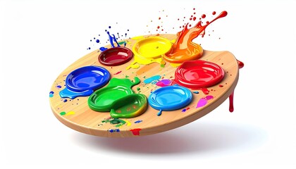 Wooden palette filled with vibrant paint splatters and pools on white