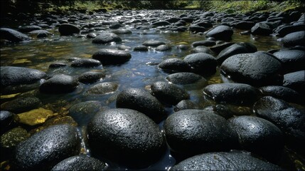 Smooth, rounded, darkened, and glossy river stones submerged in flowing clear water, showcasing nature's serene textures