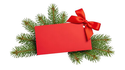Blank red gift tag with a satin bow placed on green pine branches, festive Christmas name card or price tag template isolated on white