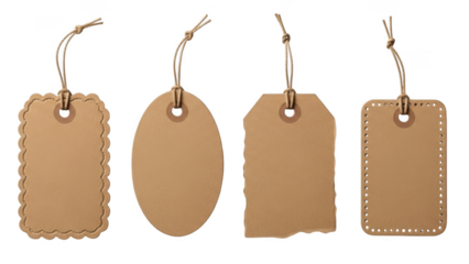 Four different paper tags with string isolated on transparent background labels price tags
