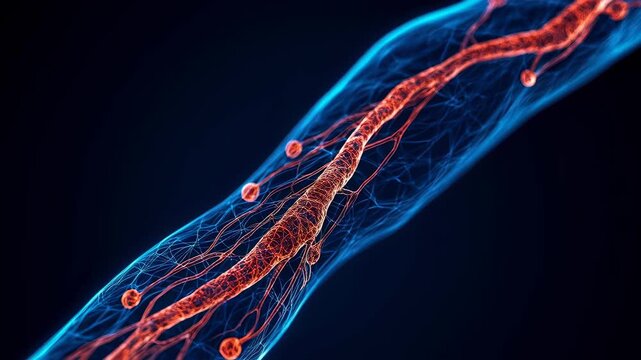 Nerve cell axon with myelin sheath, glowing synapse, blue and red neural network, abstract science, technology, biology, energetic and dynamic