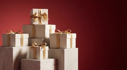 Luxury Gift Box Arrangement with Golden Ribbon on Minimalist Pedestal Background for Valentine&rsquo;s Day, Anniversary, Wedding and Premium Holiday Celebration Poster Template.