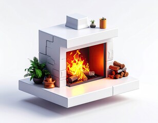Isometric white fireplace with a bright fire, plants, and wood