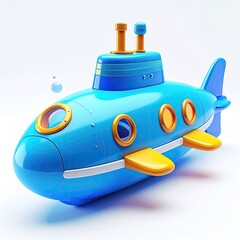 Bright blue cartoon submarine with windows, fins, and a yellow propeller