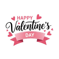 Happy Valentine's Day typographic design with black calligraphy and pink ribbon banner surrounded by hearts, elegant greeting card element on white