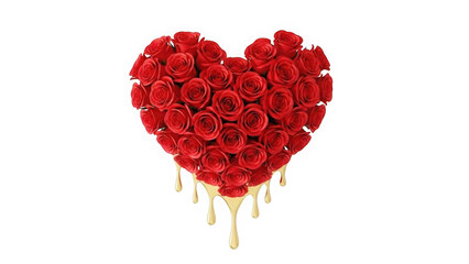 Elegant heart shape formed by deep red roses with liquid gold dripping from the bottom, symbol of luxury love, passion, and high-end romantic design