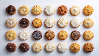 Assorted traditional Eid cookies arranged in a neat flat lay pattern on white background. Festive Islamic holiday sweets for Idul Fitri celebration visuals.