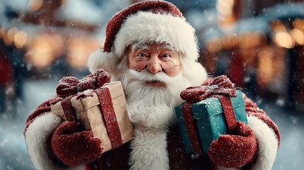 Santa Claus Holding Gifts in Snow