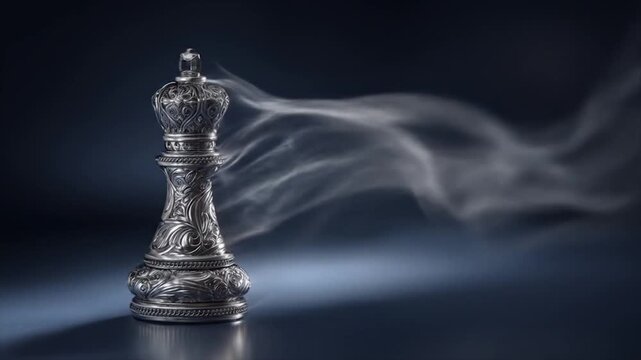 Ornate chess king figure with blurred smoke effect on dark background