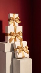 Luxury Gift Box Arrangement with Golden Ribbon on Minimalist Pedestal Background for Valentine&rsquo;s Day, Anniversary, Wedding and Premium Holiday Celebration Poster Template.