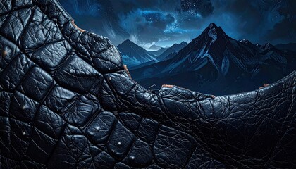 Dark dragon skin frames mountainous nightscape with stars