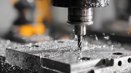 Medium shot capturing a CNC drilling operation on a cast metal piece highlighting exact hole placement and the cutting bit penetrating the material with metal shavings visible.