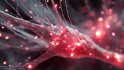 Vibrant neural network pulsing with bioelectrical energy, showcasing intricate cellular connections in stunning detail for medical research and science.
