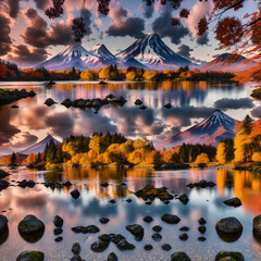 Fuji Mountain and Autumn Valley with Lake Reflection
