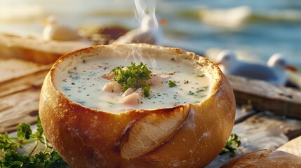 New England clam chowder served in traditional bread bowl on weathered dock table, ocean view in soft focus background, seagulls visible in distance, creamy soup with steam rising