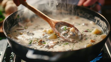 Close-up of cooking process New England clam chowder, wooden spoon stirring creamy white soup in black cast iron pot on stovetop, visible chunks of clams and potatoes, steam rising