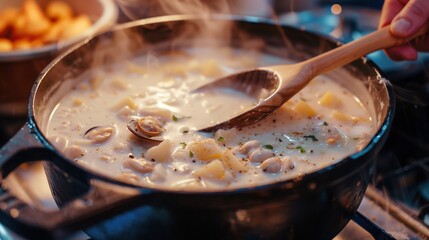 Close-up of cooking process New England clam chowder, wooden spoon stirring creamy white soup in black cast iron pot on stovetop, visible chunks of clams and potatoes, steam rising