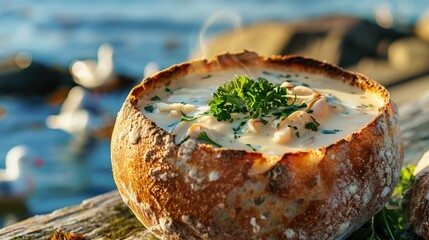 New England clam chowder served in traditional bread bowl on weathered dock table, ocean view in soft focus background, seagulls visible in distance, creamy soup with steam rising