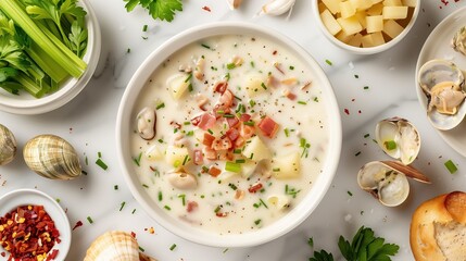 Overhead flatlay composition of New England clam chowder ingredients, fresh clams, diced potatoes, cream, bacon strips, celery, onions arranged artistically on marble surface