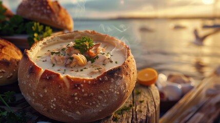 New England clam chowder served in traditional bread bowl on weathered dock table, ocean view in soft focus background, seagulls visible in distance, creamy soup with steam rising