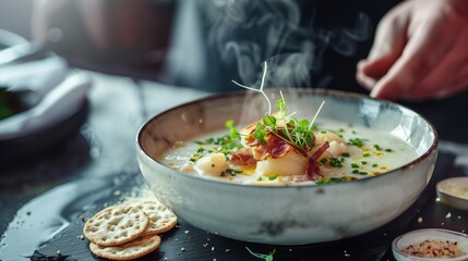 Premium New England clam chowder served in elegant white porcelain bowl on black slate plate, restaurant fine dining presentation, garnished with fresh chives, microgreens, and crispy pancetta