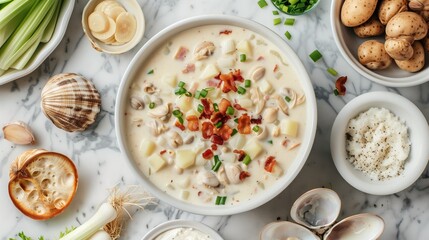 Overhead flatlay composition of New England clam chowder ingredients, fresh clams, diced potatoes, cream, bacon strips, celery, onions arranged artistically on marble surface