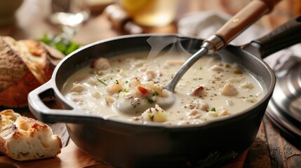 Rustic cast iron pot filled with homemade New England clam chowder on kitchen counter, ladle scooping creamy soup, fresh baked bread beside pot, warm kitchen ambiance