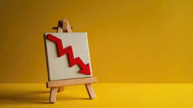 Bold red zigzag arrow pointing downwards on a white canvas displayed on a wooden easel against a bri