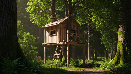 A charming wooden treehouse built among tall forest trees, surrounded by lush green foliage and natural sunlight. The rustic design and peaceful woodland setting create a sense of adventure.
