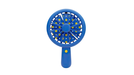 3D Blue handheld fan with yellow stars pattern on transparent background