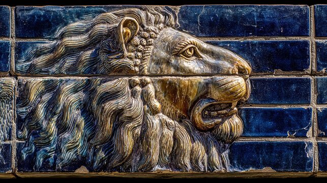 Glazed brick relief lion from Ishtar Gate: lapis lazuli blue with gold accents, aged texture under museum lighting for editorial material study