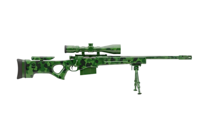 3D Camouflage Sniper Rifle with Scope and Bipod on transparent background