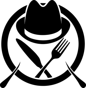 heft hat with spoon and fork inside silhouette vector icon , black and white , white background