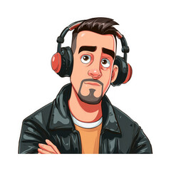 A cartoon man wearing headphones and a leather jacket looks surprised